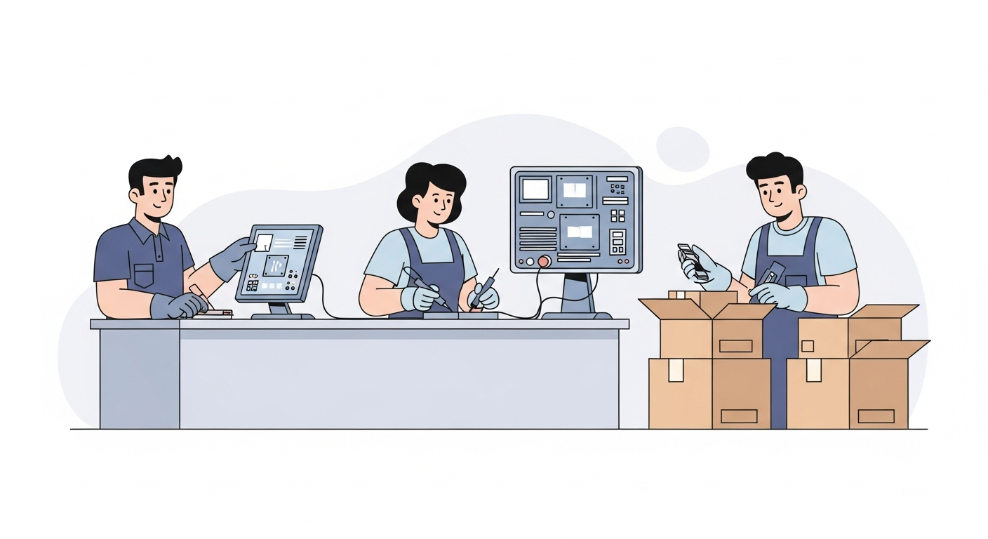 Flashing, testing, and shipping illustration